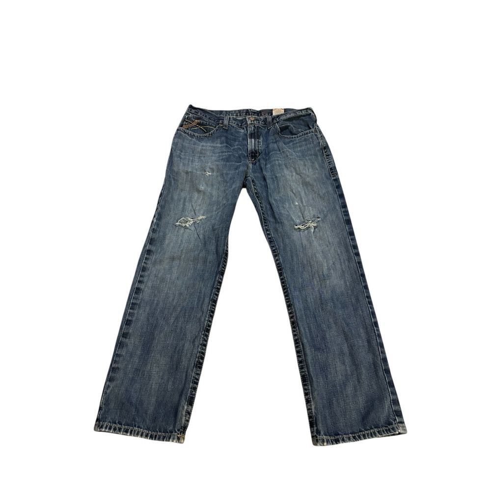 Ariat Straight Fit Jeans Medium Wash Blue Distressed Size 35x31 Western Workwear